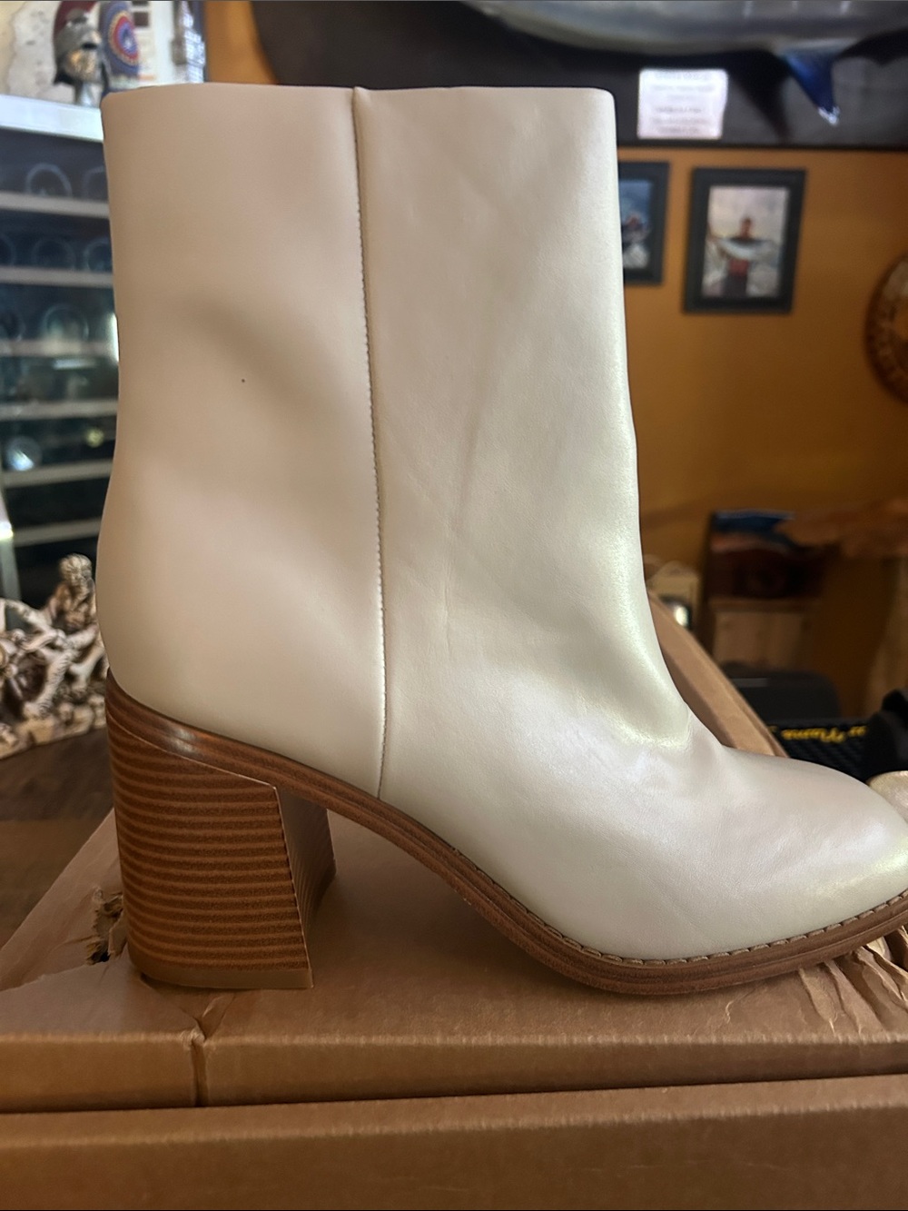 Women's Cream Leather Block Heel Ankle Boots